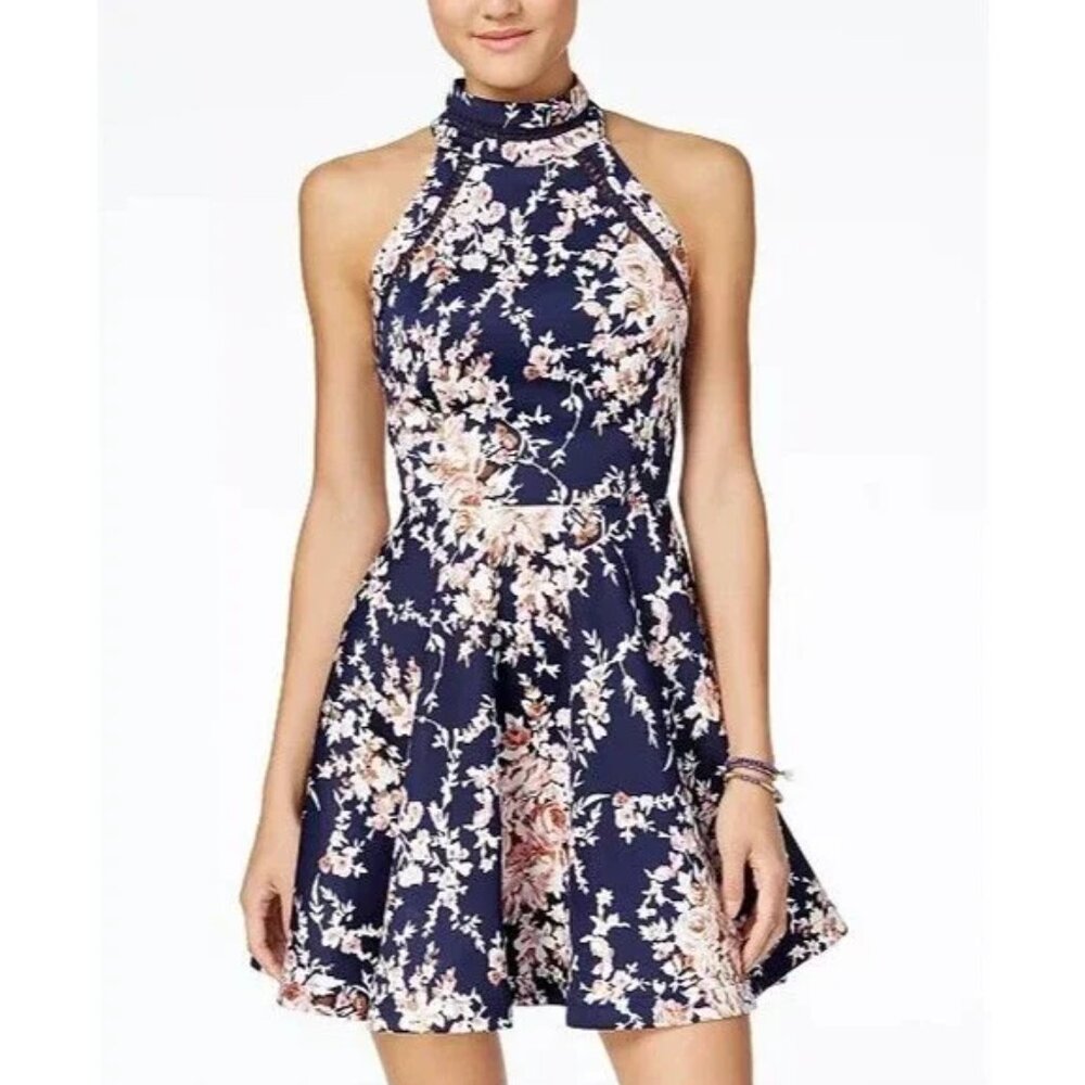 Navy Blue Floral Fit And Flare Halter Dress